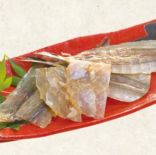 Assortment of 3 types of mirin-dried fish (conger eel, filefish, halfbeak) / Extra-large coarse-ground sausages