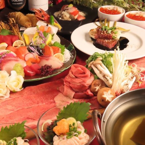 会食や接待に【すき焼き&痛風鍋の2種鍋と白老牛&彩美牛食べ比べコース】