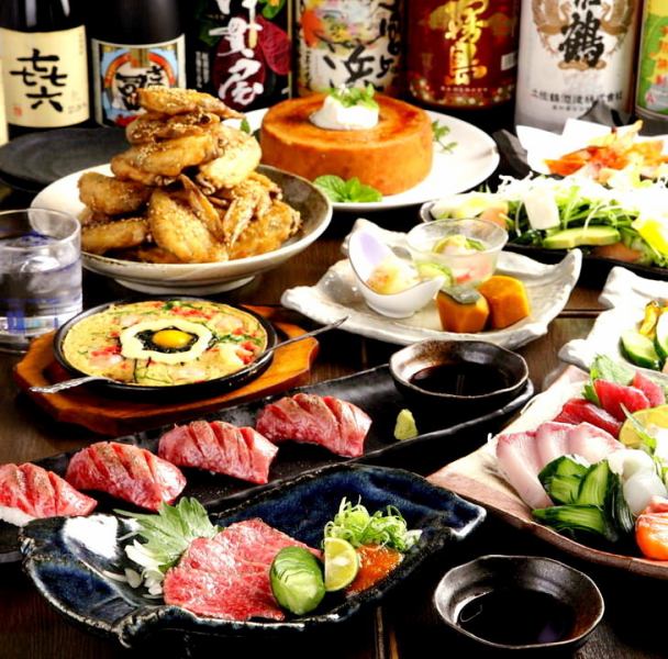 [此课程决定了各种宴会！！] 3种新鲜制作的寿司/ A5级山形牛肉烤寿司/等。所有10种2H饮料发布4000日元