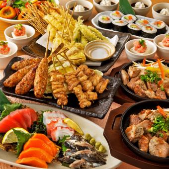 【大満足】牛ステーキとローストポークの合盛りや天ぷら盛合せ・焼き鳥等8品＋飲み放題付5000円