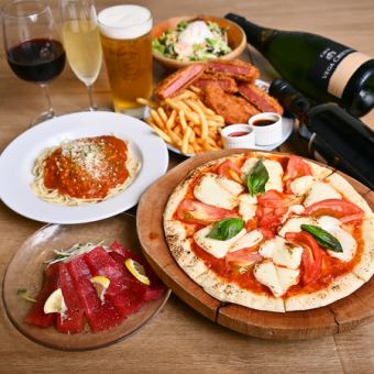 蓮蓮休閒套餐★ 2小時暢飲，內含披薩與義大利麵等5道菜，3,500日圓（含稅）
