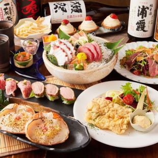 [3 hours all-you-can-drink including Asahi draft beer] 2 types of seared sushi, crab gratin and 8 other dishes "Carefully selected seafood and mountain delicacies course" 3,980 yen