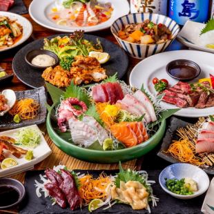 [3 hours all-you-can-drink including Asahi draft beer] 5 types of sashimi, charcoal-grilled local chicken, steak, and 9 other dishes "Japanese-Western banquet course" 6,000 yen