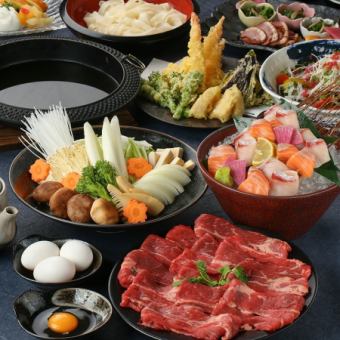 【鉄鍋】和牛すき焼きor和牛しゃぶ、ローストビーフ『楓鍋コース』生ビール含む3時間飲み放題付
