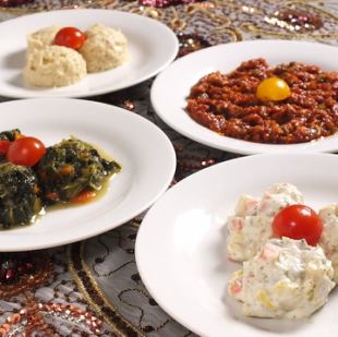 ほうれん草とヨーグルトのディップ / フムス(ひよこ豆のディップ) / 卵と野菜のサラダ