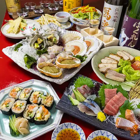 【送迎バス有】朝採れ刺身や炉端焼3種に大満足の定番◎なわのれん梅コース<全10品>7986円(税込)