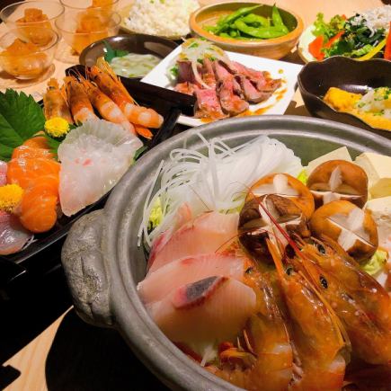 【宴会に】新鮮な刺身4種舟盛りと海鮮鍋コース!【3500円コース】