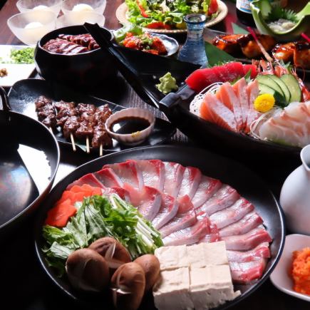 【各種宴会に】自慢の刺身船盛り&とろける鰤しゃぶ&極み牛串【料理のみ3500円】(全10品)