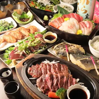 【当日OK】 市場直送!刺身3種舟盛りと名物テンダーリーンステーキコース全9品【3000円コース】