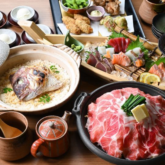 《飲み放題付》海鮮舟盛りと豚の陶板焼きの名物鯛めしコース ￥5,000