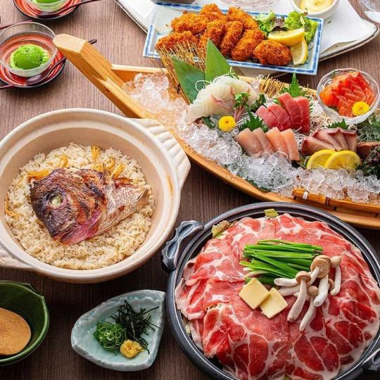 歓迎会におすすめ《飲み放題付》海鮮舟盛りと豚の陶板焼きの名物鯛めしコース
