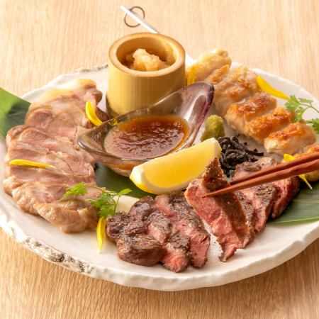 Rakuzo 的 3 種肉（牛肉米司、烤豬肩肉、雞肉大串）