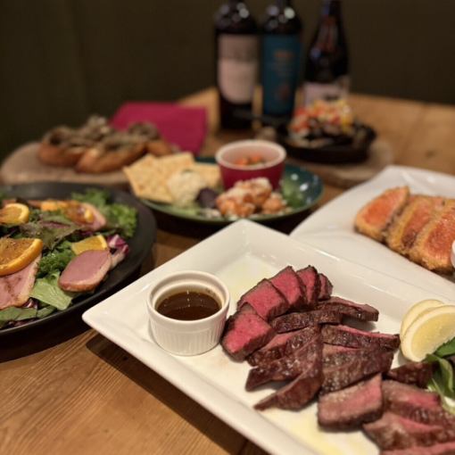 【日~木限定 180分飲み放題付き】サーモンのレアカツと十勝鹿追牛ランプコース 6000円