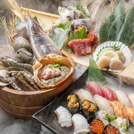 超豪華！ 【開胃菜、生魚片、烤肉、炒菜、握壽司、湯】海鮮故事套餐！