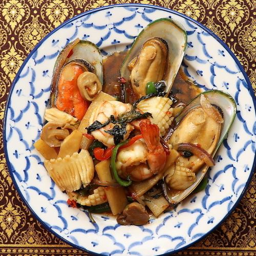 Stir-fried seafood and herbs with spicy miso