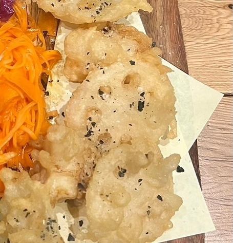 Monkfish and lotus root fritters ~Bamboo charcoal sale~