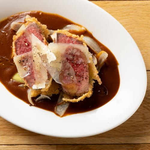 Beef rump rare cutlet with demi-glace sauce