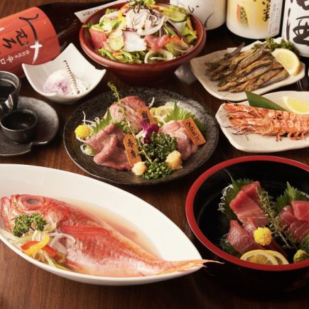 【3小時暢飲(含生啤酒)】“彌生套餐”,包含燉金眼鯛、黑豬肉和馬肉刺身,7,000日元 ⇒ 6,000日元