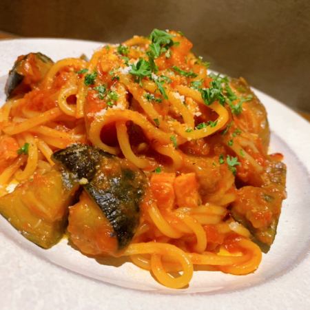 Deeply smoked bacon and eggplant all'arrabiata