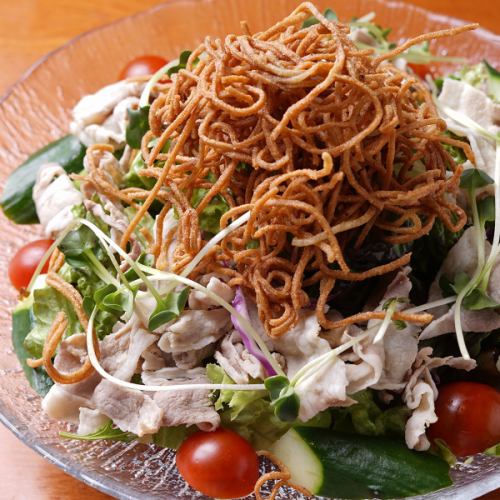 揚げそばと信州ポークのゴマしゃぶサラダ