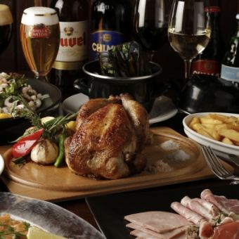 名物ロティサリーチキン！が存分に堪能できるプラン！【厳選ベルギービール3種飲み放題￥6500】