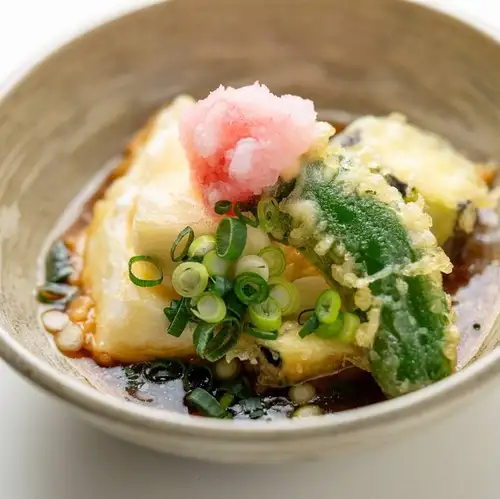 じーまみ豆腐と島茄子の揚げ出し梅おろし