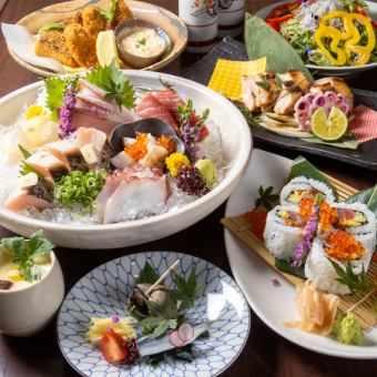 【鶏、牛モツのすき焼き＋刺身盛り合わせ】店主おまかせコース 120分飲み放題付 5,500円（税込）
