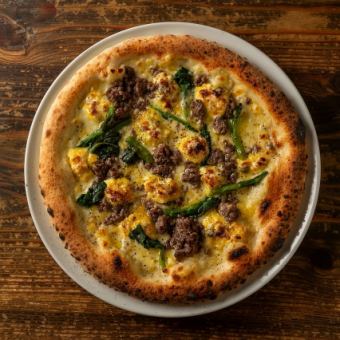 ラム肉のサルシッチャと菜の花のミモザ風