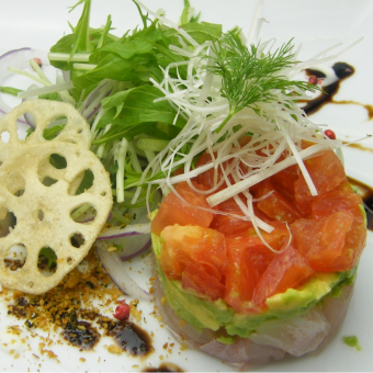 Fresh fish and avocado millefeuille salad