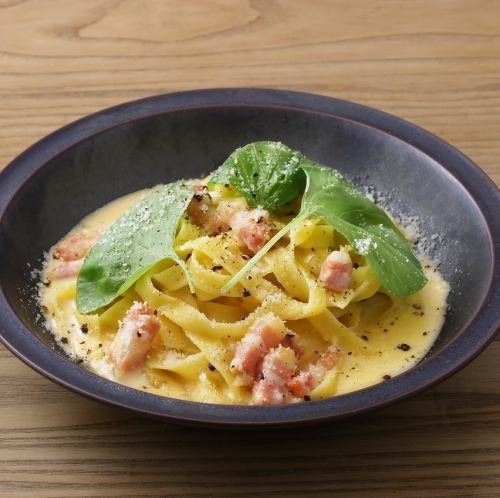 Carbonara with homemade pancetta and Grana Padano