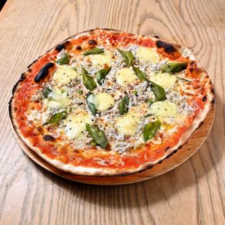 Gruyere cheese, whitebait and snap pea pizza