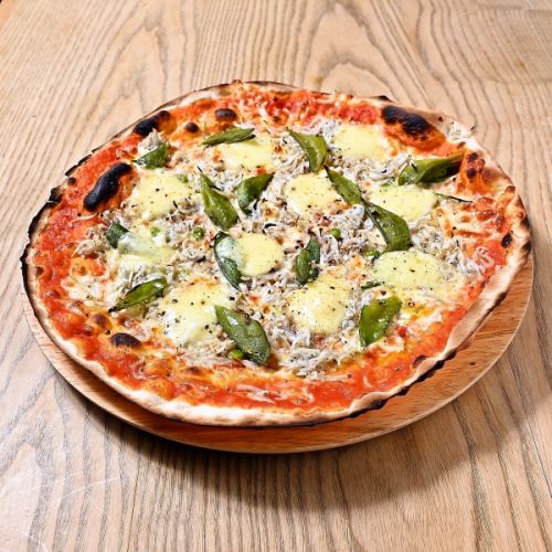 Gruyere cheese, whitebait and snap pea pizza