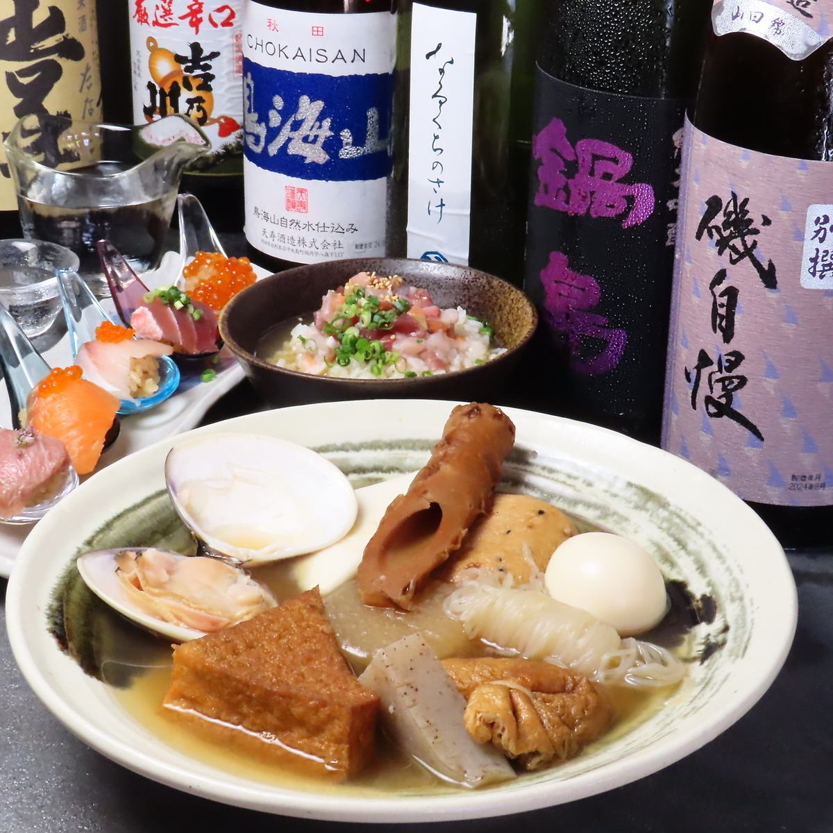 Enjoy our shellfish broth oden made with carefully brewed stock and local sake sourced from all over Japan.