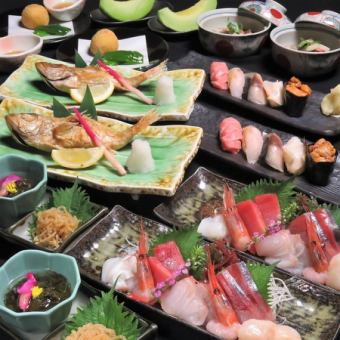 ≪佐渡宴套餐≫ 2小時無限暢飲+握壽司5個等7道菜 6,600日元（含稅）