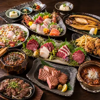 【酔月 -Suigetsu-】～極上牛タンと希少馬刺しの極～酔宵プレミアムコース 3H飲み放題付 7,000円