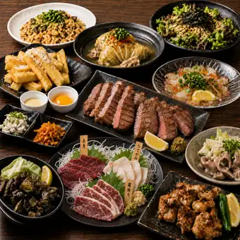 【宵燈 -Yoakari-】～人気No.1～厚切り牛タン焼き×馬刺し3種盛り 全10品 3H飲み放題付 5,500円