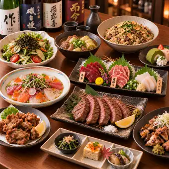 ～人気No.1～厚切り牛タン焼き×馬刺し3種盛り 全10品 3H飲み放題付 【宵燈 -Yoakari-】5,500円
