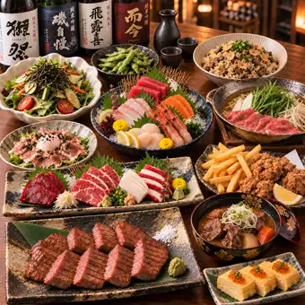 幹事様におすすめ！極み牛タン×馬刺し4種・選べるメイン｜生ビール付3H飲み放題【朧】6,000円