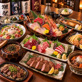 最上位プレミアム｜極厚牛タン×希少馬刺し5種・選べる鍋｜生ビール付3H【酔月】7,000円