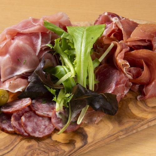 Assortment of two types of famous raw ham and salami