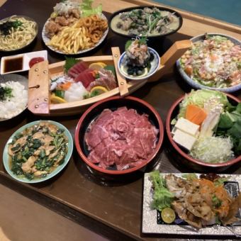 仅限工作日:无限畅饮、特选和牛涮涮锅套餐(8道菜品)和150分钟无限畅饮,价格为4,500日元(含税)