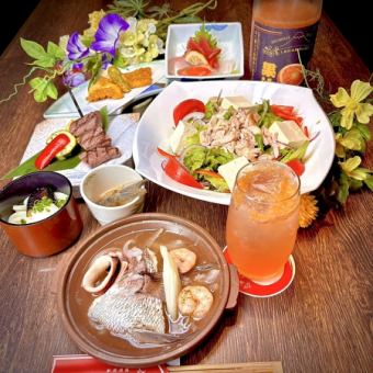 【7,8月6500円コース】海鮮陶板蒸し、交雑牛の串焼き夏野菜添え等■2ｈ飲放付7品