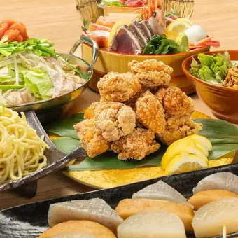 【コスパ抜群！】豪快刺身盛×明太もつ鍋×唐揚げを満喫♪2h飲み放題付◆〈竹〉宴会コース3500円