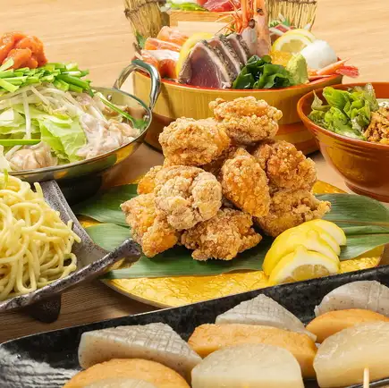 【コスパ抜群！】豪快刺身盛×明太もつ鍋×唐揚げを満喫♪2h飲み放題付◆〈竹〉宴会コース3500円