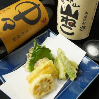 野菜天ぷら/鶏の天ぷら（からし醤油で）
