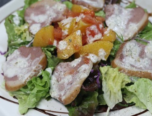 Duck meat, orange and tomato gorgonzola sauce salad