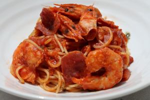Angel shrimp and prosciutto in rosemary tomato sauce