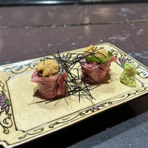 かにみそ/パクチーと茗荷のサラダ/和牛ウニ巻き(2ヶ)/馬刺ウニ巻き(2ヶ)