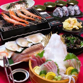 豪華浜焼き付きヤリイカ姿造り付き刺身3点盛り合わせ7品120分飲み放題付きコース 4000円(税込)