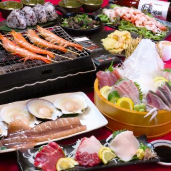 馬刺し3点豪華浜焼き付きヤリイカ姿造り付き鮮魚刺身4点盛り8品飲み放題付きコース 4500円(税込)